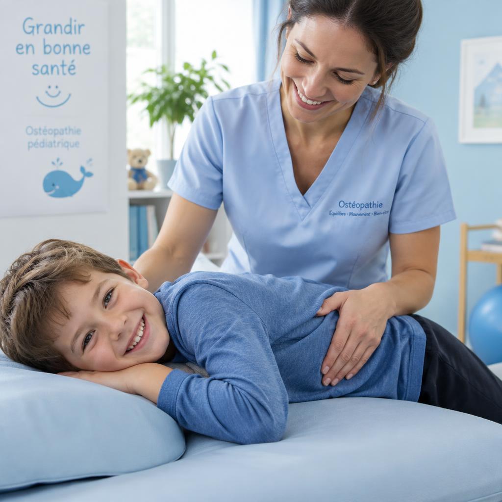 Enfant souriant pendant une consultation d'ostéopathie